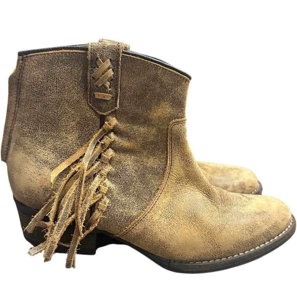 Very Volatile Lookout Fringe Bootie‎ Tan Leather Western Ankle Boots Sz 8.5 Boho